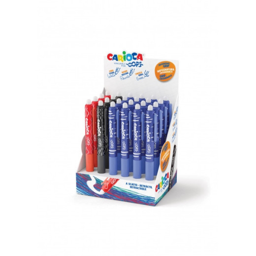 Carioca Oops Expositor de 24 Boligrafos Borrables Retractiles - Tinta Termo Sensible - Empuñadura Ergonomica Triangular - Punta de Ø 0.7mm - Doble Goma - Recambios Compatibles - Color Varios