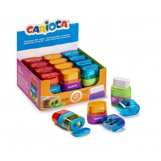 Carioca Afila-Borra Expositor de 12 Sacapuntas con Goma - Doble Agujero - Apto para Lapices y Ceras - Tornillo de Seguridad - Deposito para Virutas - Color Varios