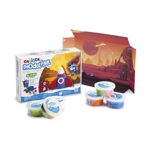 Carioca Modelight Maxiplaybox Aliens Pack de Pasta de Moldear - Super Ligera - Elastica - Maleable - sin Gluten - Se Seca al Aire - Incluye Herramientas y Escenario - Color Varios