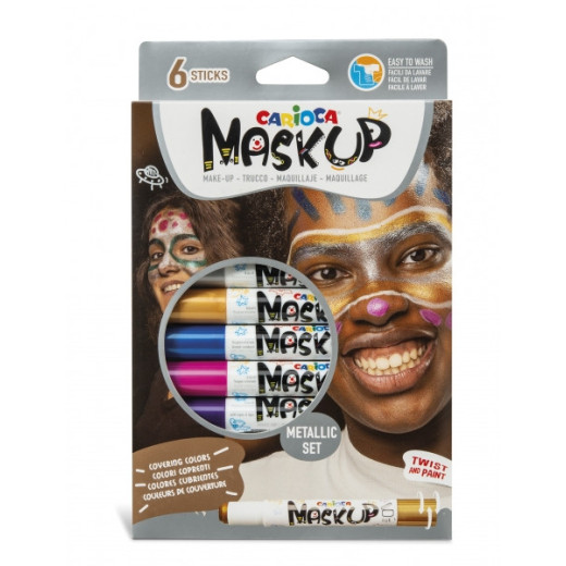 Carioca Mask Up Pack de 6 Colores Metalicos para la Piel - Ideales para Fiestas - Colores Brillantes y Lavables - Mezclables - 2 Tutoriales Incluidos - Color Varios