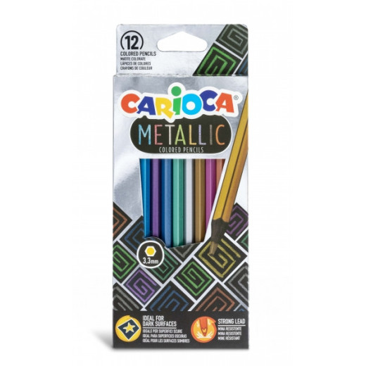 Carioca Metallic Pack de 12 Lapices Hexagonales Metalicos - Colores Cubrientes - Ideales para Superficies Oscuras - Mina Premium de Ø 3.3mm Resistente a las Caidas - Faciles de Afilar - Color Varios