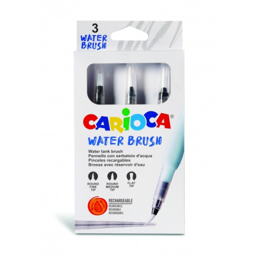 Carioca Pack de 3 Pinceles de Agua Recargables - Deposito Facil de Llenar - Perfectos para el Cole - 3 Tamaños Diferentes - Color Varios