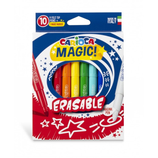 Carioca Magic Markers Pack de 10 Rotuladores Magicos Erasable - Tinta Magica Cambia de Color - Incluye Rotulador Magink para Borrar - Punta Maxi Bloqueada y con Tapa Ventilada - Color Varios