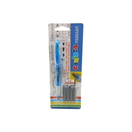Carioca Primary Pack de 1 Boligrafo Recargable + 4 Cartuchos - Punta Roller de Acero Inoxidable - Dosificador de Flujo Constante - Color Azul