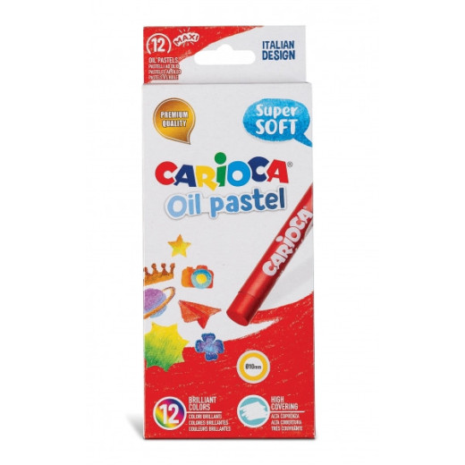 Carioca Pack de 12 Pasteles al Oleo - Colores Brillantes - Lavables - Resistentes a la Luz - Cubrientes - Faciles de Mezclar - Maxi Cuerpo Ø 10mm - Uso en Papel