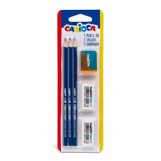 Carioca Pack de 3 Lapices de Grafito HB + 2 Gomas y Sacapunta - Facil de Borrar y Sacar Punta - Cuerpo Triangular Agradable al Tacto - Color Gris