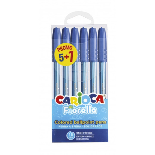 Carioca Fiorella Pack de 6 Boligrafos - Punta de Esfera - Cuerpo Transparente Fluo - Punta Ø 1mm - Escritura Brillante y Colorida - 5+1gratis - Color Azul