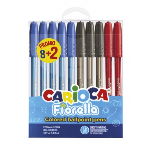 Carioca Fiorella Pack de 10 Boligrafos de Colores - Punta de Esfera - Cuerpo Transparente Fluo - Escritura Brillante y Colorida - 8+2gratis - Color Varios