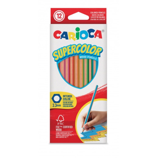 Carioca Supercolor Pack de 12 Lapices de Madera - Cuerpo Hexagonal - Colores Intensos y Gran Opacidad - 3.3mm de Grosor - Color Varios