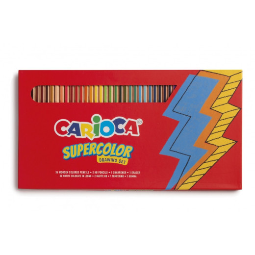Carioca Pack de 40 Piezas - 36 Lapices de Color Supercolor - Minagruesa Ø 3.3mm - 2 Lapices de Grafito HB - Goma de Borrar Blanca - Sacapuntas Metalico - Color Varios
