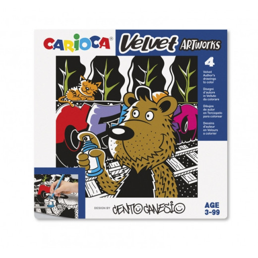 Carioca Velvet Artworks Pack de 4 Ilustraciones de Terciopelo para Colorear - Suave Textura - Desarrolla Destreza y Creatividad - En Colaboracion con Cento Canesio