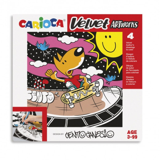 Carioca Velvet Artworks Pack de 4 Ilustraciones de Terciopelo para Colorear - Suave Textura - Desarrolla Destreza y Creatividad - En Colaboracion con Cento Canesio