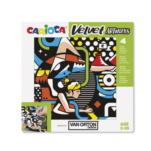 Carioca Velvet Artworks Pack de 4 Ilustraciones de Terciopelo para Colorear - Suave Textura - Desarrolla Destreza y Creatividad - En Colaboracion con Van Orton