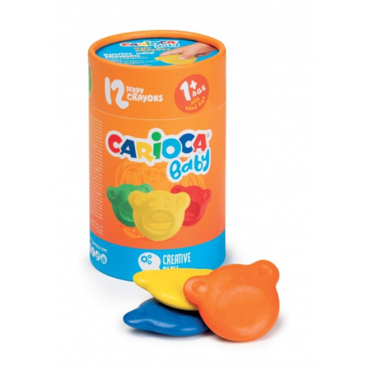 Carioca Teddy Crayons Pack de 12 Ceras de Colores - Certificadas a Partir de los 12 Meses - Diseñadas para Entrenar el Agarre Digital - Color Varios