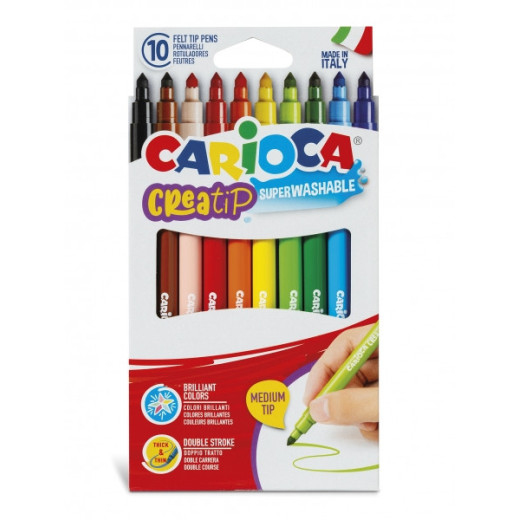 Carioca Creatip Pack de 10 Rotuladores - Tinta Superlavable - Punta Media con Doble Carrera - Punta Bloqueada y con Tapa Ventilada - Color Varios
