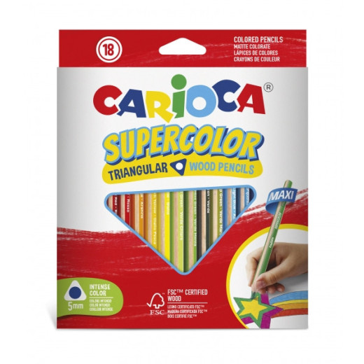 Carioca Supercolor Pack de 18 Lapices de Madera - Cuerpo Triangular Maxi - Colores Intensos y Gran Opacidad - Lapizgrueso Ø 5mm - Color Varios
