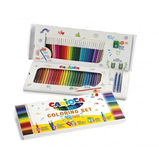 Carioca Joy Pack de 65 Piezas para Colorear - 30 Rotuladores Super Lavables - 30 Lapices de Color Superfuertes - 2 Gomas de Borrar - 2 Lapices de Grafito HB - 1 Sacapuntas con Deposito - Color Varios