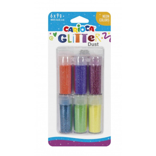 Carioca Glitter Dust Pack de 6 Colores - Cola Incluida - Ideal para Superficies Oscuras - Perfecta para Decoraciones y Trabajos de Arte - Color Varios