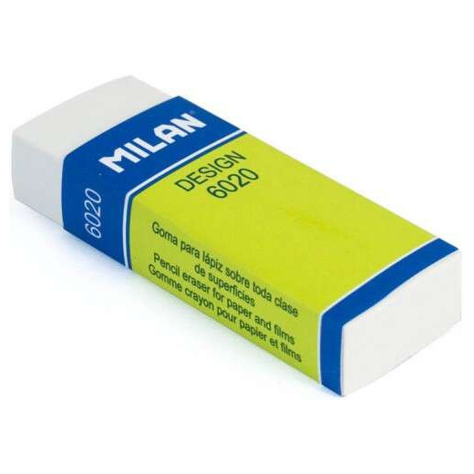 Milan Nata 6020 Goma de Borrar para Dibujo - Rectangular - Plastico - Faja de Carton Verde - Envuelta Individualmente - Color Blanco