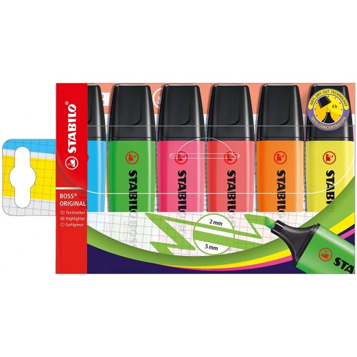 Stabilo Boss 70 Pack de 6 Marcadores Fluorescentes - Trazo entre 2 y 5mm - Recargable - Tinta con Base de Agua - Colores Surtid
