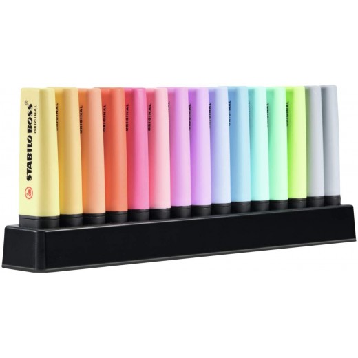 Stabilo Boss 70 Pastel Pack de 15 Marcadores Fluorescentes - Trazo entre 2 y 5mm - Recargable - Tinta con Base de Agua - Colore