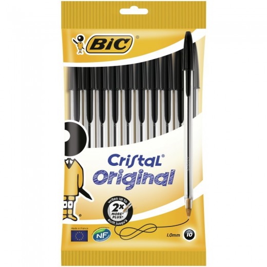 Bic Cristal Original Pack de 10 Boligrafos de Bola - Punta Redonda de 1.0mm - Trazo 0.4mm - Tinta con Base de Aceite - Color Ne