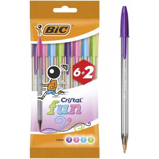 Bic Cristal Fun 6+2 Pack de 8 Boligrafos de Bola - Punta Redonda de 1.6mm - Trazo 0.42mm - Tinta con Base de Aceite - Colores S