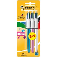 Bic 4 Colours Shine 2+1 Pack de 3 Boligrafos de Bola Retractil - Punta Media de 1.0mm - Tinta con Base de Aceite - Cuerpo de Co