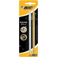 Bic Cristal Shine Pack de 2 Boligrafos de Bola - Punta Media de 1.0mm - Tinta con Base de Aceite - Cuerpo Plateado y Dorado - C
