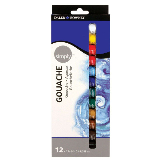 Daler Rowney Simply Pack de 12 Pinturas Acrilicas Gouache - Secado Rapido - Base de Agua - Optima Cobertura - 12ml - Colores Surtidos