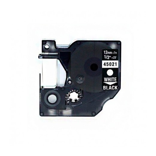 Dymo D1 45021 Cinta de Etiquetas Generica para Rotuladora - Texto blanco sobre fondo negro - Ancho 12mm x 7 metros - Reemplaza