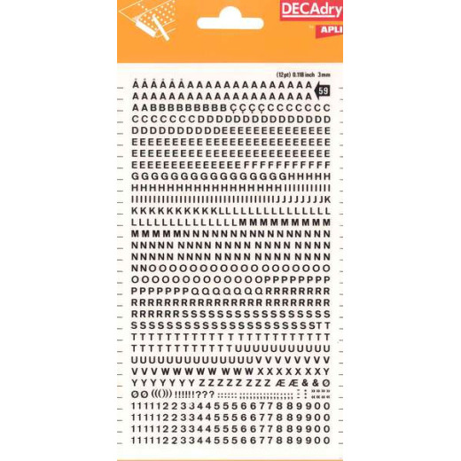 Apli Letras y Numeros Transferibles - 3mm de Tamaño - 795 Caracteres - Facil Aplicacion y Remocion - Negro