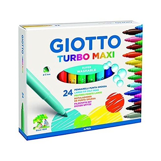 Giotto Turbo Maxi Pack de 24 Rotuladores - Punta Gruesa 5mm - Tinta al Agua - Lavable - Colores Surtidos
