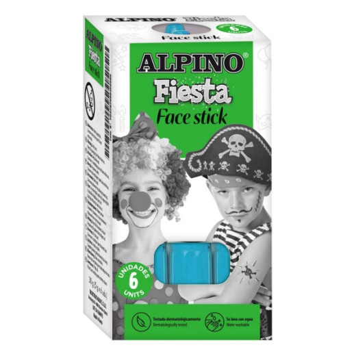 Alpino Fiesta Face Stick Pack con 6 Barritas de Pintura Facial - Sistema Retractil Giratorio - Se Lava con Agua - Testado Dermatologicamente - Color Azul Cyan