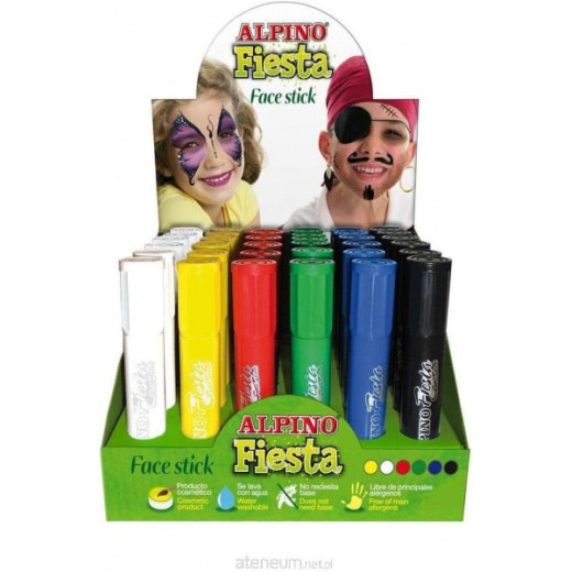 Alpino Fiesta Face Stick Expositor con 36 Barritas de Pintura Facial - Sistema Retractil Giratorio - Se Lava con Agua - Testado Dermatologicamente