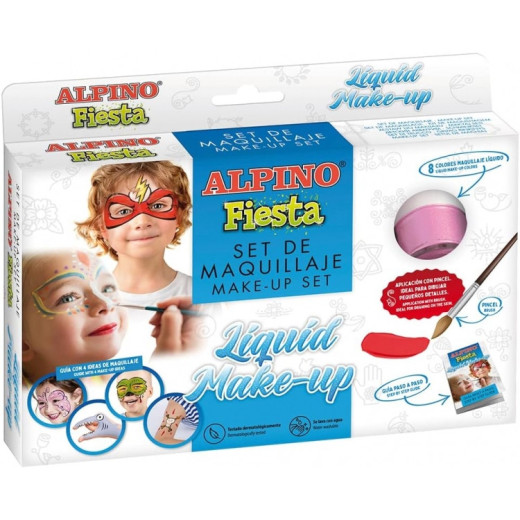 Alpino Fiesta Pack de 8 Botes de Maquillaje Liquido de Diferentes Colores + Pincel + Guia de Ideas - Se Lava con Agua - Testado Dermatologicamente