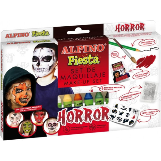 Alpino Fiesta Horror Pack de Maquillaje con 6 Barritas de Pintura Facial + Pincel + Tatuajes en Calcomania + Lapiz Perfilador y 2 Sobres de Purpurina - Se Lava con Agua - Testado Dermatologicamente