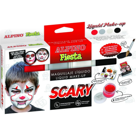 Alpino Fiesta Scary Pack de 4 Botes de Maquillaje Liquido de Diferentes Colores + Pincel + Guia de Ideas - Se Lava con Agua - Testado Dermatologicamente