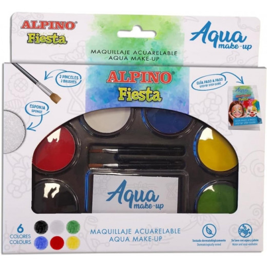 Alpino Fiesta Aqua Make-up Pack con Paleta de Maquillaje Acuarelable con 6 Colores + 2 Pinceles + Esponja y Guia de Uso - Se Lava con Agua y Jabon - Colores Surtidos