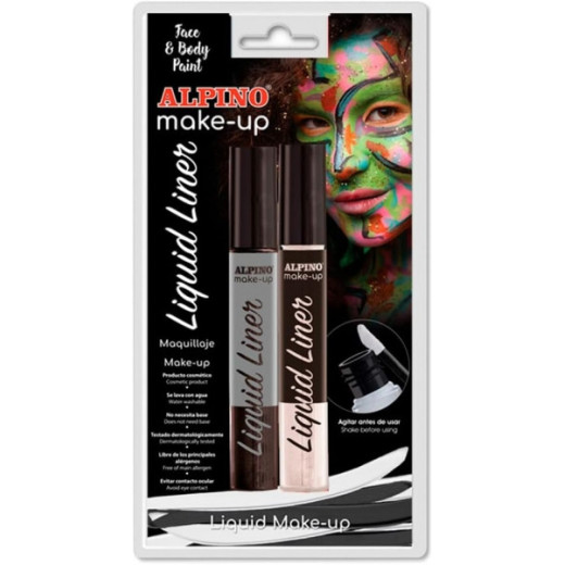 Alpino Make-up Liquid Liner Pack con 2 Botes de Maquillaje Liquido con Aplicador - Se Lava con Agua - Testado Dermatologicamente - Colores Blanco y Negro