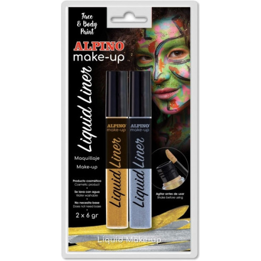 Alpino Make-up Liquid Liner Pack con 2 Botes de Maquillaje Liquido con Aplicador - Se Lava con Agua - Testado Dermatologicamente - Colores Oro y Plata