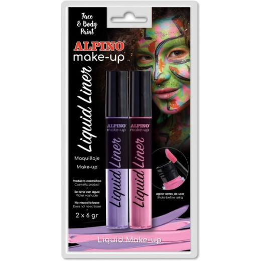Alpino Make-up Liquid Liner Pack con 2 Botes de Maquillaje Liquido con Aplicador - Se Lava con Agua - Testado Dermatologicamente - Colores Rosa y Lila