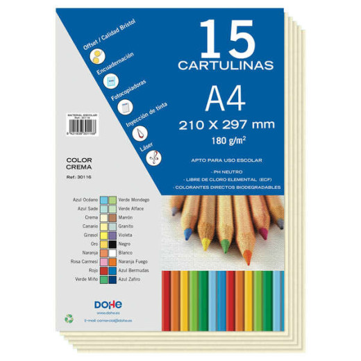 Dohe Pack de 15 Cartulinas A4 de 180 g/m2 - Aptas para Uso Escolar - PH Neutro - Color Crema