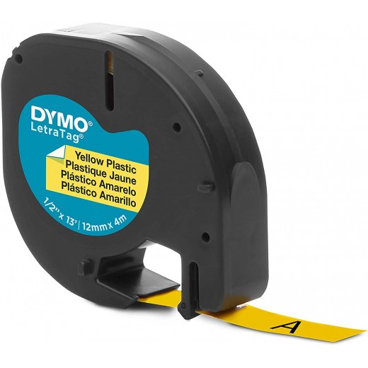 Dymo LetraTag S0721620 Cinta de Etiquetas Original para Rotuladora - Texto negro sobre fondo amarillo - Ancho 12mm x 4 metros (