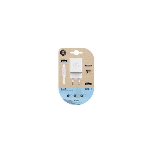 TechOneTech Cargador Doble de Pared + Cable USB-A a Lightning 1m - Recubierto de Nylon Trenzado