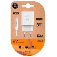 TechOneTech Cargador Doble de Pared + Cable USB-A a USB-C 1m - Recubierto de Nylon Trenzado