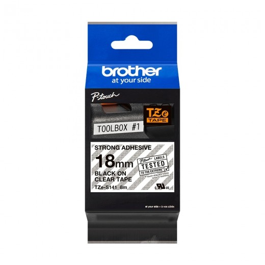 Brother TZeS141 Cinta Laminada Super Adhesiva Original de Etiquetas - Texto negro sobre fondo transparente - Ancho 18mm x 8 met