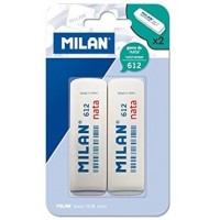 Milan Nata 612 Pack de 2 Gomas de Borrar Biseladas - Plastico - Suave - No Abrasiva - Color Blanco