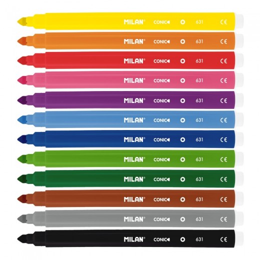 Milan Pack de 12 Rotuladores - Punta Conica 5mm - Tinta al Agua - Lavable - Colores Surtidos