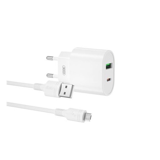 XO L81ATC Cargador de Corriente Tipo C y USB QC 3.0 20W + Cable Micro USB - Carga Rapida - Salida con Proteccion Inteligente -